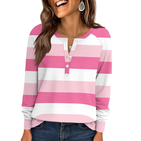 WULMLEO T Shirts for Women Long Sleeve V Neck Tees Casual Striped Spring Tops Button Down Blouses Dressy Fashion Clothing Pink L