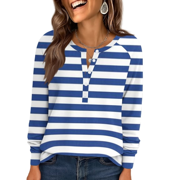 WULMLEO T Shirts for Women Long Sleeve V Neck Tees Casual Striped Spring Tops Button Down Blouses Dressy Fashion Clothing Sky Blue 2XL