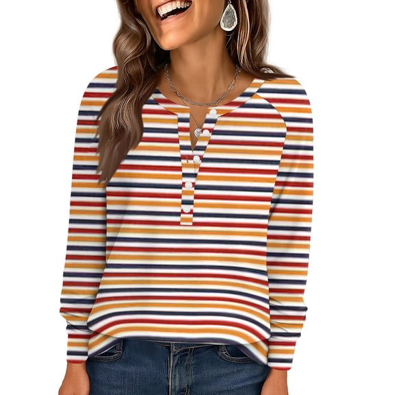 WULMLEO T Shirts for Women Long Sleeve V Neck Tees Casual Striped Spring Tops Button Down Blouses Dressy Fashion Clothing Watermelon Red 3XL