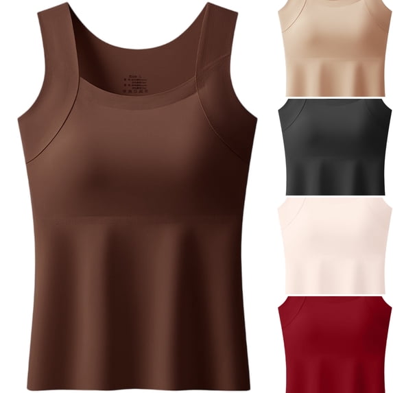 WULMLEO Tank Tops with Built in Bras for Older Women Wide Strap Sleeveless Comfort Bra Tanktop Coffee L