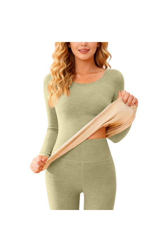 Thermal Shirts for Women Warm Wool Blend Long Sleeve Shirts Basic Fitted Stretch Slim Fit Active Crewneck Y2k Tops Green S