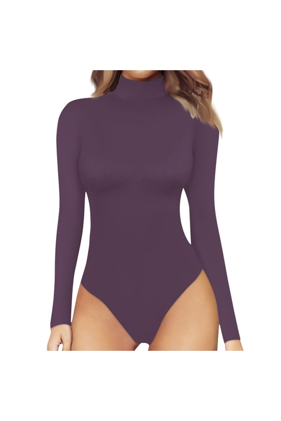 Thong Bodysuits for Women Double Lined Long Sleeve Round Neck Body Suit Stretchy Bodysuit Sexy Going Out Tank Tops Purple M