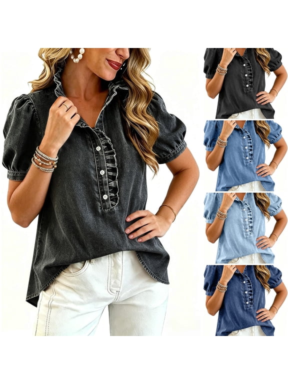 Tops for Women Denim Puff Short Sleeve Ruffle Button Down Jean Blouses 2026 Dressy Casual Summer Y2k Loose Fit Fashion Shirts Gray M