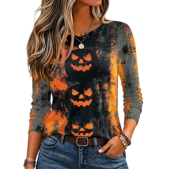 WULMLEO Tops for Women Halloween Printed Fall Long Sleeve Crew Neck T-Shirts Fashion Skull Tshirts Fall Pumpkin Spider Web Shirts Yellow L