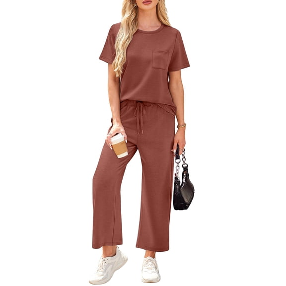 WULMLEO Two Piece Outfits Women Spring Tops and Pants Crew Neck Summer Lounge Sets Travel Short Sleeve Cool Matching Outfits Light Brown L