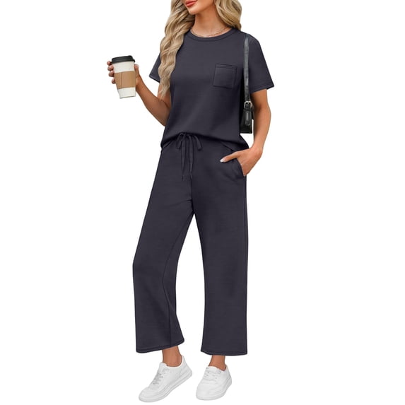 WULMLEO Two Piece Outfits for Women Spring Tops and Pants Short Sleeve Summer Beach Vacation Clothes Travel Cool Crew Neck Matching Outfits Navy XL