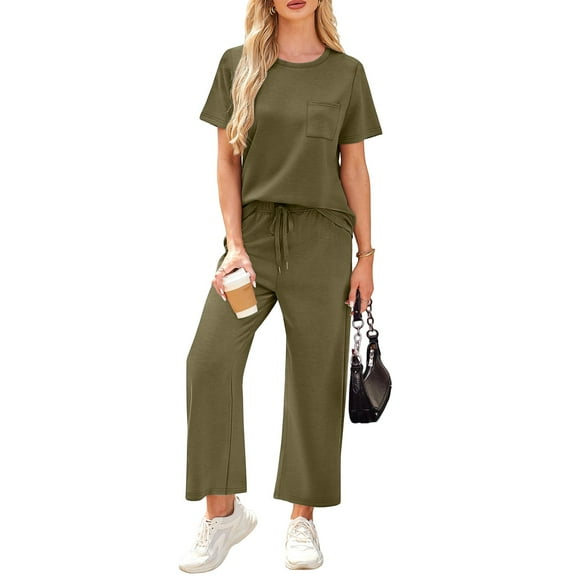WULMLEO Two Piece Sets for Women Spring Tops and Pants Travel Cool Matching Outfits Crew Neck Summer Short Sleeve Lounge Sets Army Green L