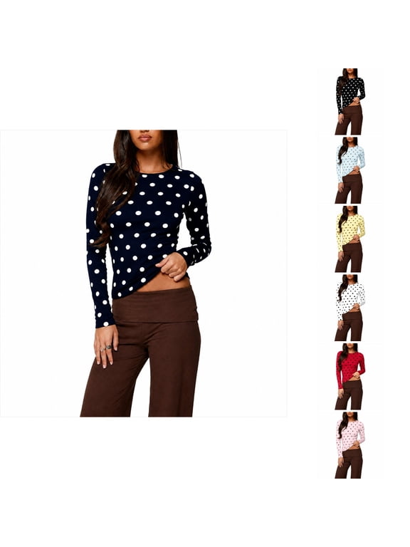 Underscrub Long Sleeve Tops for Women Polka Dot Crew Neck Long Sleeve Cute Top Casual Relaxed Tees Fashion Sports Tshirts Saffron M