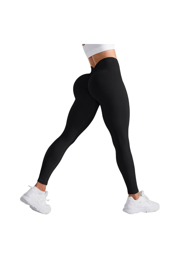 V-Back Scrunch Butt Lift Leggings for Women High Waist Tummy Control Booty Gym Workout Yoga Pants Black L