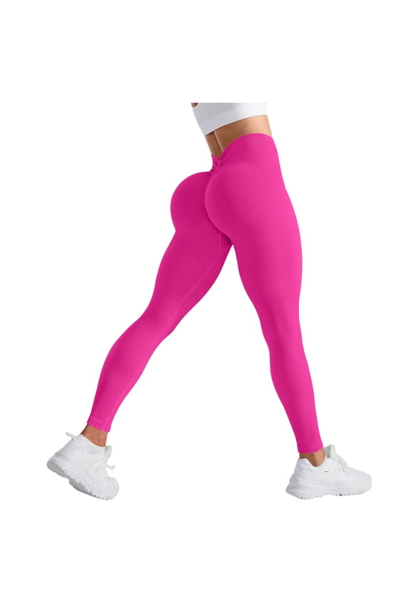 V-Back Scrunch Butt Lift Leggings for Women High Waist Tummy Control Booty Gym Workout Yoga Pants Hot Pink L