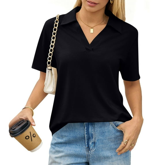 WULMLEO V Neck Polo Shirts for Womens - Summer 2026 Short Sleeve Collared Tops Business Casual Blouses Black M