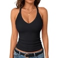 thumbnail image 1 of WULMLEO V Neck Racer Back Tank Top for Women Padded Ribbed Long Tanks Fitted Basic Cami Shirts Black 2XL, 1 of 4