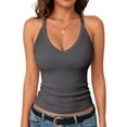 thumbnail image 1 of WULMLEO V Neck Racer Back Tank Top for Women Padded Ribbed Long Tanks Fitted Basic Cami Shirts Gray S, 1 of 4