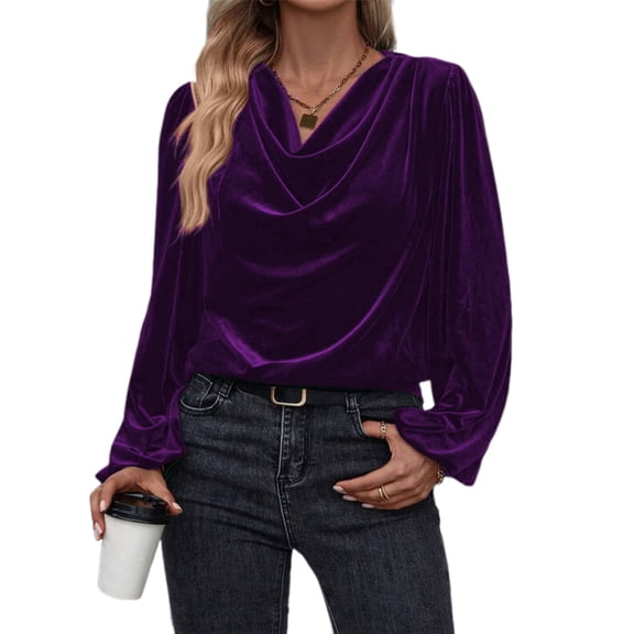 WULMLEO Velvet Tops for Women Casual Long Sleeve Cowl Neck Drape Ruched Front Blouse Cocktail Evening Party Pullover T Shirts Dark Purple 2XL