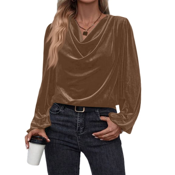 WULMLEO Velvet Tops for Women Casual Long Sleeve Cowl Neck Drape Ruched Front Blouse Cocktail Evening Party Pullover T Shirts Light Brown XL