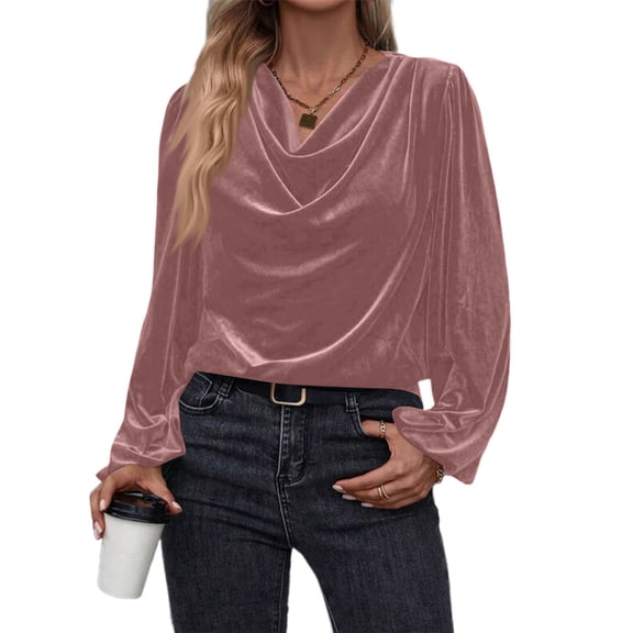 WULMLEO Velvet Tops for Women Casual Long Sleeve Cowl Neck Drape Ruched Front Blouse Cocktail Evening Party Pullover T Shirts Pink S