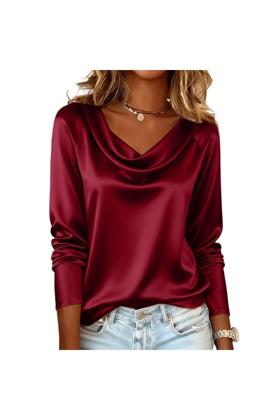 Velvet Tops for Women Velvet Shirt Puff Long Sleeve Cowl Neck Drape Ruched Front Blouse Cocktail Evening Party Pullover Wine 2XL