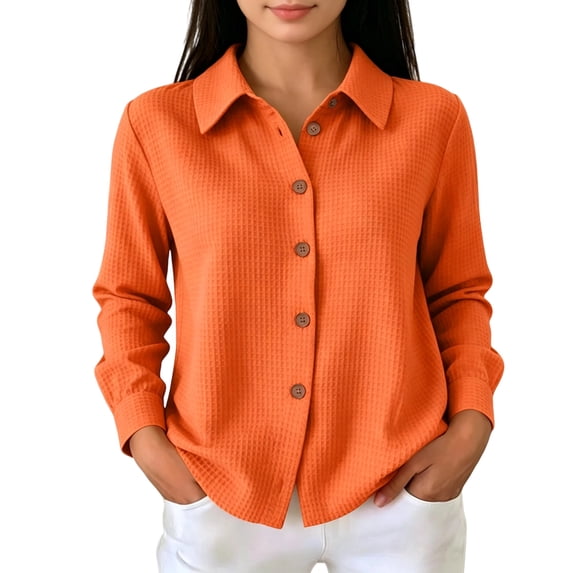 WULMLEO Waffle Knit Button Down Shirts for Women Casual Oversized Long Sleeve Collared Sweater Dressy Blouse Fall Tops Orange M