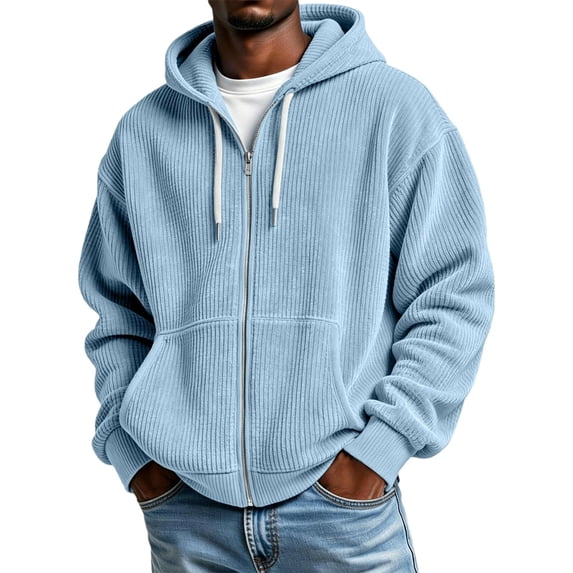 WULMLEO Waffle Knit Hoodies for Men Full Zip Drawstring Hooded Sweatshirts with Pocket Lightweight Loose Fit Athletic Jackets Light Blue 2XL
