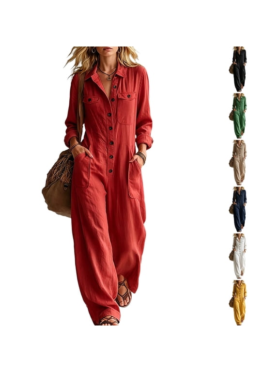 Wide Leg Jumpsuits Women Cotton Linen Workout Long Sleeve V Neck Button Front One Piece Overall Casual Y2k Comfy Work Jumpsuit with Multi Pockets Red L