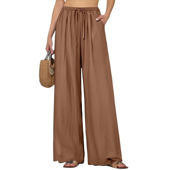 WULMLEO Wide Leg Pant for Women Casual Loung Palazzo Pants High Waist with Pockets Stretchy Business Casual Trousers for Work Khaki 2XL