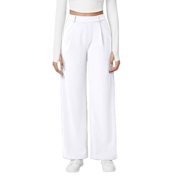 WULMLEO Wide Leg Pants for Women Stretchy Pull On Work Pants High Waisted Business Casual Trousers Slacks with Pockets White L