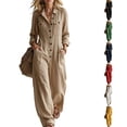 thumbnail image 1 of WULMLEO Wide Leg Romper for Women Cotton Linen Workout V Neck Button Front Long Sleeve One Piece Jumpsuits Casual Plus Size Loose Fit Beach Overall with Multi Pockets Khaki M, 1 of 7