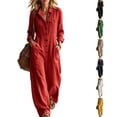 thumbnail image 1 of WULMLEO Wide Leg Rompers Women Cotton Linen Workout V Neck Button Front Long Sleeve One Piece Overall Casual Fashion Lounge Going Out Overalls with Multi Pockets Red S, 1 of 6