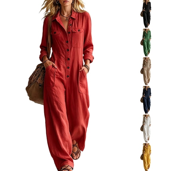 WULMLEO Wide Leg Rompers Women Cotton Linen Workout V Neck Button Front Long Sleeve One Piece Overall Casual Fashion Lounge Going Out Overalls with Multi Pockets Red S