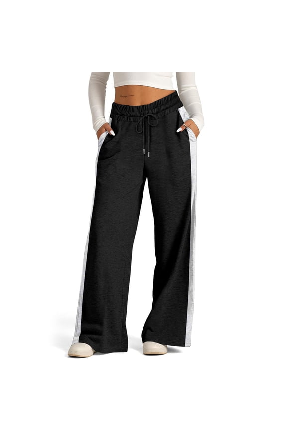 Wide Leg Sweatpants Women Baggy Cotton Joggers with Pockets Petite Low Rise Palazzo Track Pant Loose Fit Trousers Black S