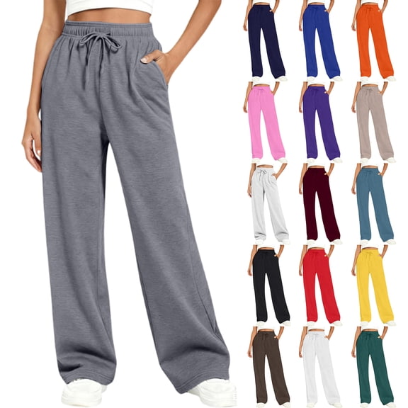 WULMLEO Wide Leg Sweatpants Women High Waisted Fleece Lined Sweatpants Drawstring Baggy Sweatpant Trendy Workout Joggers Dark Gray S