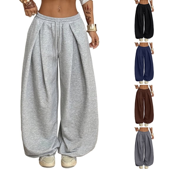 WULMLEO Wide Leg Sweatpants for Women Baggy Casual Drawstring Pleated Sweat Pants Gray XL