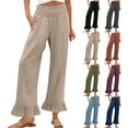 thumbnail image 1 of WULMLEO Woman Fashion Ruffle Hem Pant Smocked Elastic High Waist Long Pants for Women Linen Spring Fall Trousers Beige S, 1 of 7