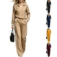 thumbnail image 1 of WULMLEO Women 2 Piece Tracksuit Set, Half Zip Polo Collar Long Sleeve Top Striped Trim Elastic Waist Wide Leg Pants With Pockets Casual Matching Outfits Khaki L, 1 of 5