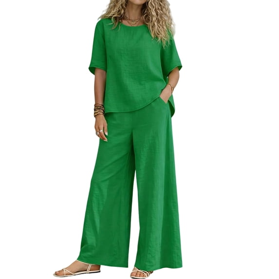 WULMLEO Women 2 Pieces Sets Round Neck Short Sleeve Linen Blend Top Wide Leg Palazzo Pants 2 Piece Casual Summer Outfit Green XL