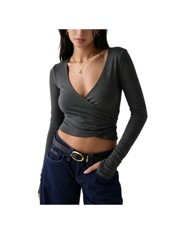 Women Ballet Wrap Top Cropped V Neck Tie Workout V Neck Slim Fit Shirts Gray 2XL