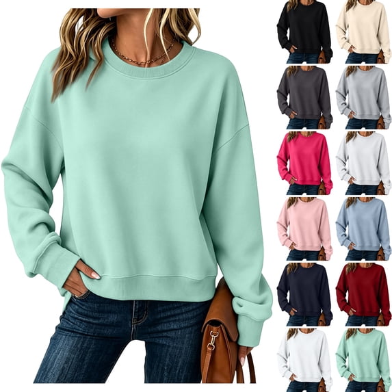WULMLEO Women Basic Crew Neck Sweatshirts Solid Color Long Sleeve Oversized Drop Shoulder Pullover Loose Fit Soft Casual Plain No Print Fall Daily Tops Mint Green 2XL