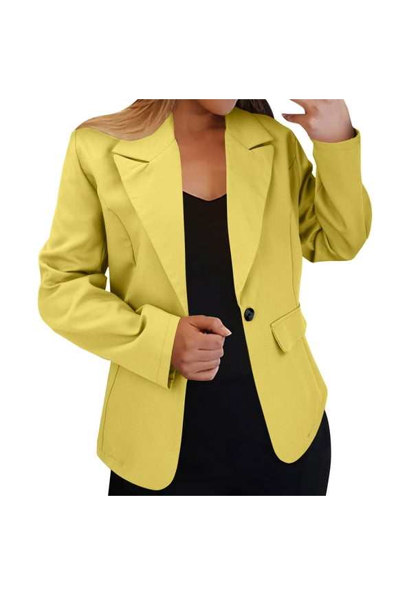 Women Blazers Dressy Lapel Collar Fall Jackets Work Petite Trendy Long Sleeve Tweed Suits Jacket Button Fashion Dress Lightweight Formal Mujer Clothing Yellow XL