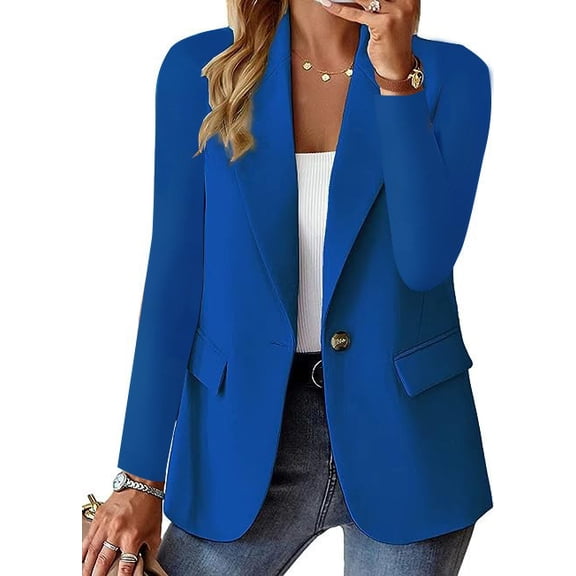 WULMLEO Women Blazers Tweed Work Fashion Jackets Long Sleeve Dressy Summer Button Oversized Blazer Business Fall Linen Cotton Lapel Collar Solid Mujer Clothing Blue L