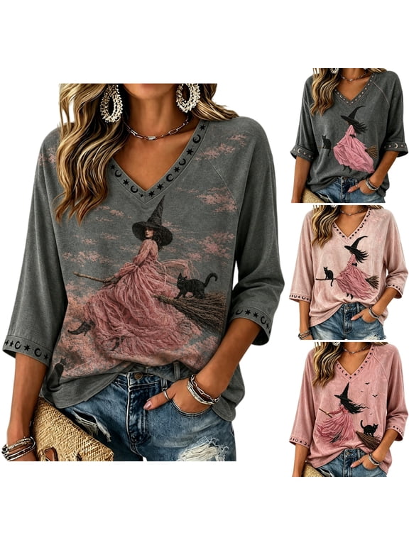 Women Casual Halloween Tee Retro Witch Black Cat Graphic Raglan 3/4 Sleeve Top Gray L