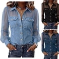 thumbnail image 1 of WULMLEO Women Denim Button Down Shirt Sheer Mesh Long Sleeve Blouses Trendy Collared V Neck Tops Plus Size Tee with Pockets Light Blue S, 1 of 7