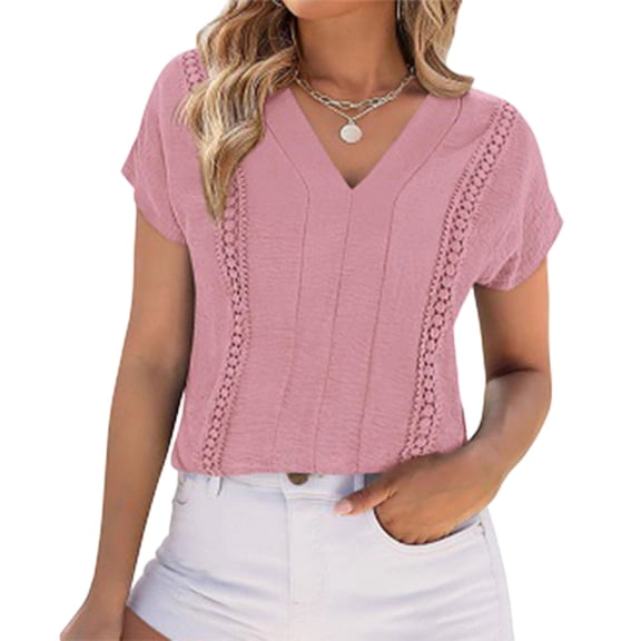 WULMLEO Women Dressy Tops Short Sleeve Casual Blouses V Neck Lace Trim Summer Boho Shirts 2026 Spring Trendy Clothes Pink M