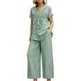 thumbnail image 1 of WULMLEO Women Floral Embroidery Notch Neck Sets Short Sleeve Linen Blend Top Wide Leg Cropped Pants 2 Piece Summer Casual Outfits Light Green 3XL, 1 of 7
