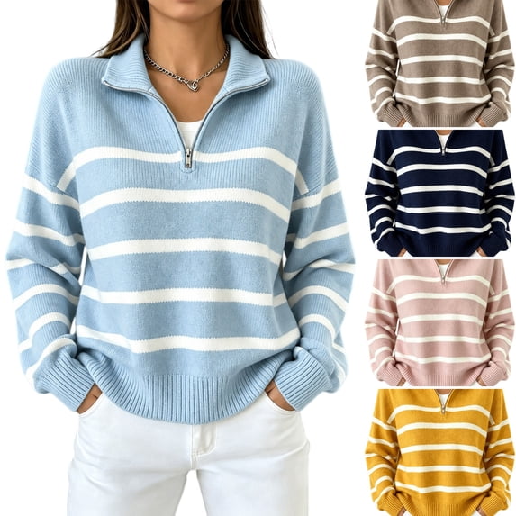 WULMLEO Women Half Zip Striped Knit Sweater Stand Collar Long Sleeve Oversized Casual Pullover Tops Sky Blue M