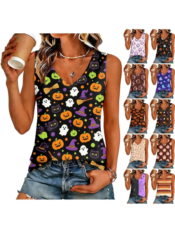 Women Halloween Jack O Lantern All Over Print V Neck Tank Top Sleeveless Loose Fall Holiday Pumpkin Graphic Casual Camisole Vest Tops Green M