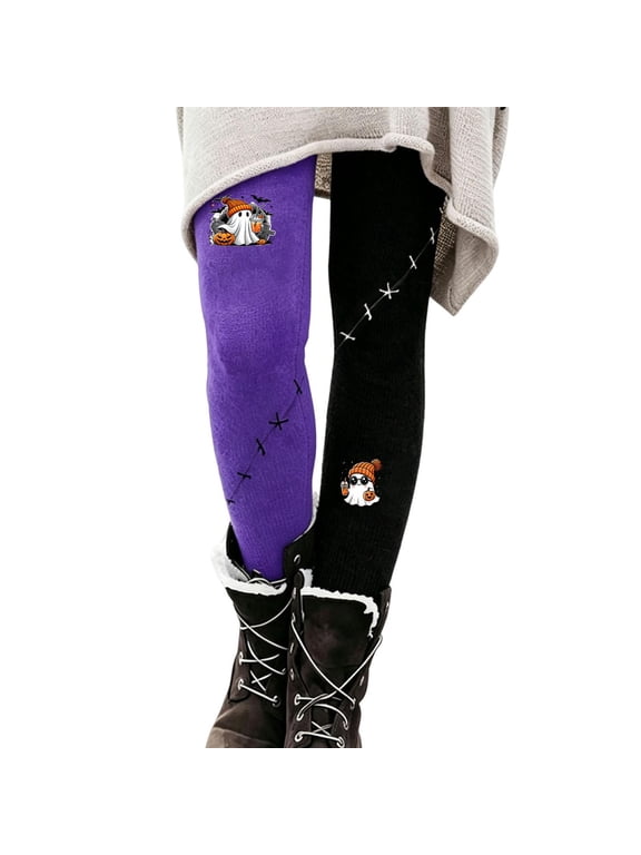 Women Halloween Mismatched Print Leggings, Gothic Stitch Pumpkin Ghost Spider Skeleton Graphic, High Waist Stretch Soft Casual Halloween Party Pants Light Purple 2XL