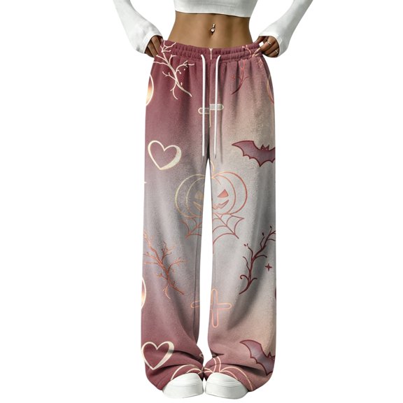 WULMLEO Women Halloween Pumpkin Ghost Print Wide Leg Sweatpants, Elastic Drawstring High Waist Casual Trousers, Spooky Gothic All‑Over Graphic Loose Fit Holiday Pants With Side Pockets Gold L