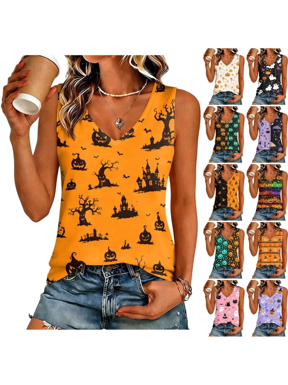 Women Halloween Split Color Print V Neck Tank Top Witch Castle Pumpkin Ghost Spiderweb Sleeveless Loose Casual Fall Holiday Graphic Vest Tops Saffron S