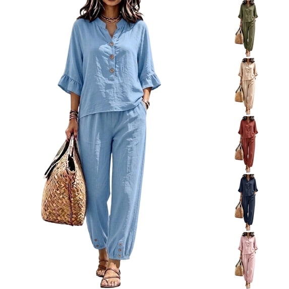 WULMLEO Women Linen 2 Piece Outfit Sets, V‑Neck Henley Ruffle 3/4 Sleeve Blouse Top Elastic Waist Jogger Pants Casual Matching Loungewear Suit Light Blue L