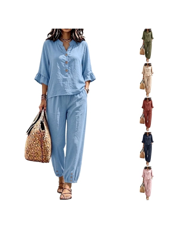 Women Linen 2 Piece Outfit Sets, V‑Neck Henley Ruffle 3/4 Sleeve Blouse Top Elastic Waist Jogger Pants Casual Matching Loungewear Suit Light Blue L